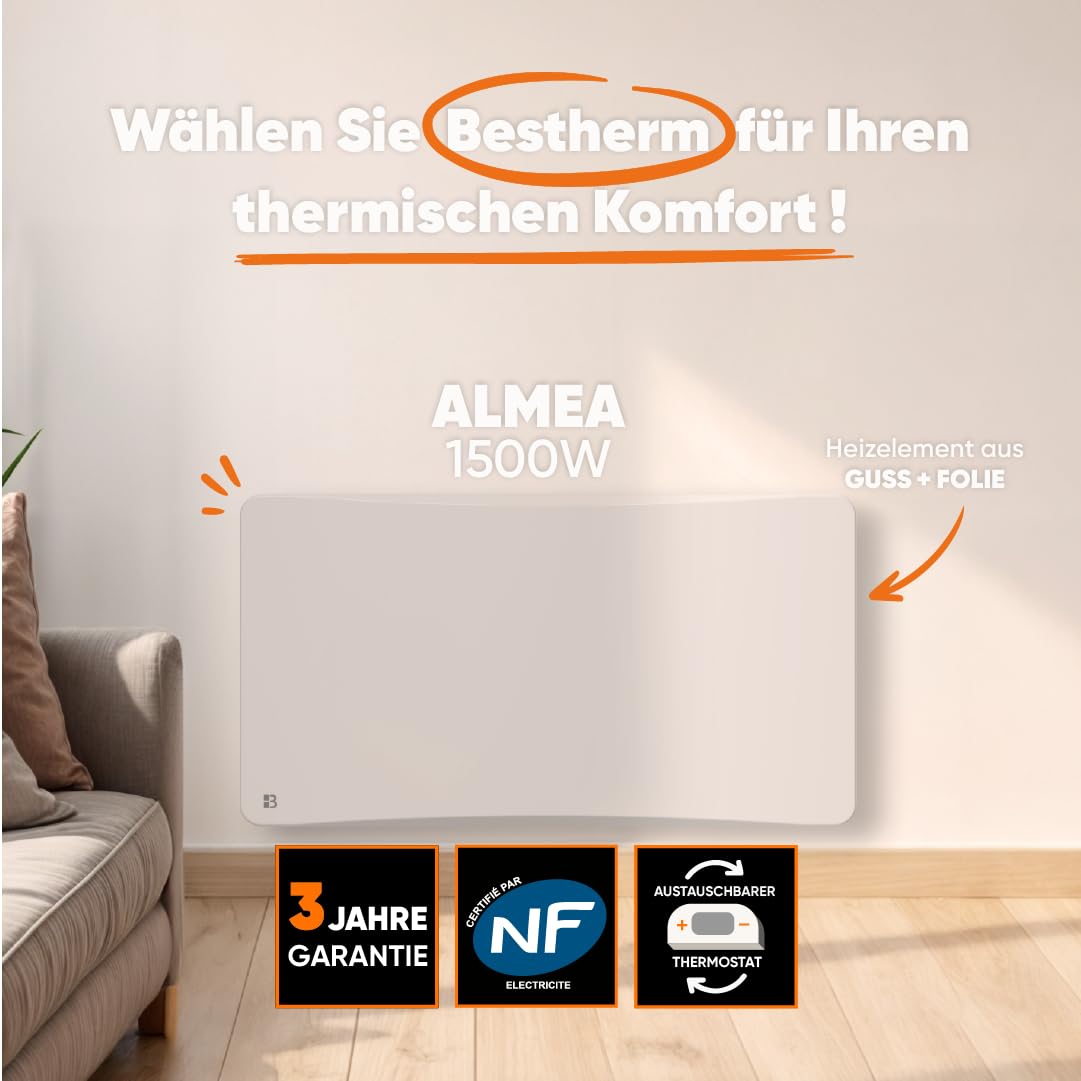 BESTHERM - Stały grzejnik elektryczny z suchym bezwładnościowym żeliwem + folia + plug & play 1500 W Bestherm ALMEA pozioma biel