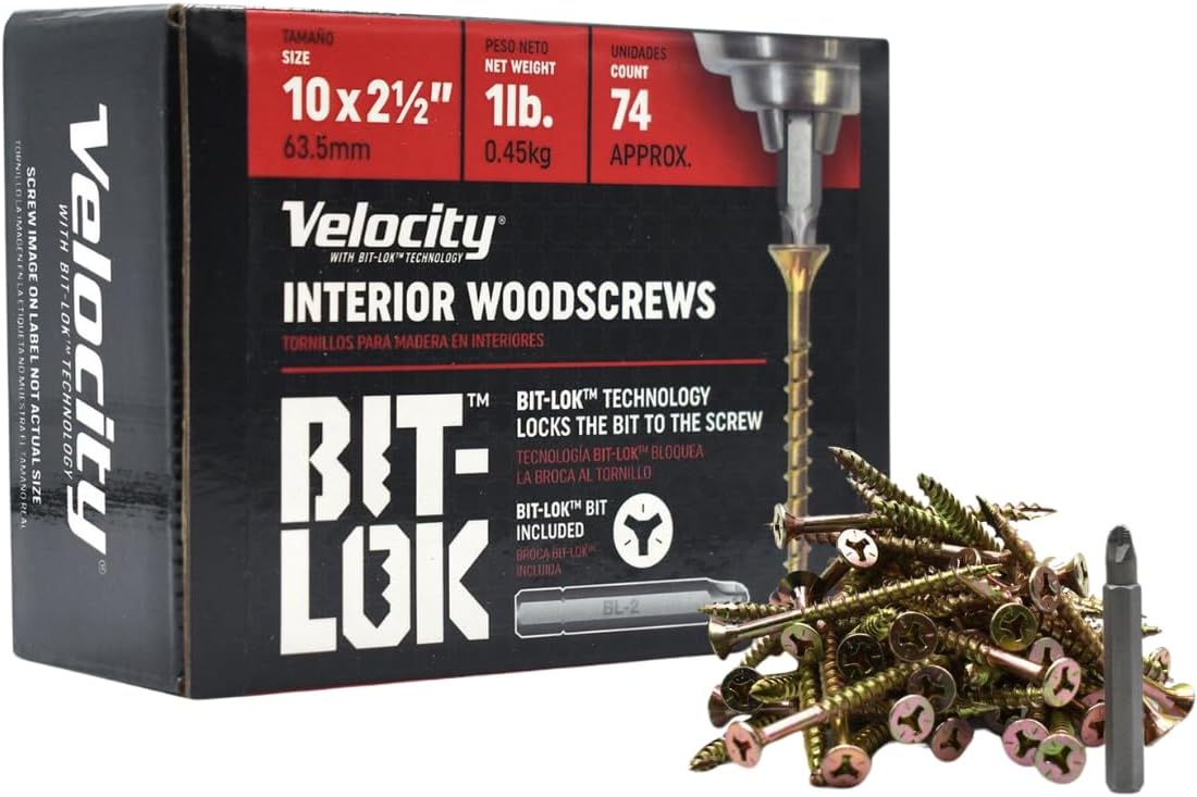Velocity 2 1/2" Interior Wood Screws (Size #10) - Bit-Lok Technology Zero Force to Install Construction Screws, Zinc & Yellow Coating, Wood Repair Kit with Bit-Lok Drive Bit, 1 LB Box