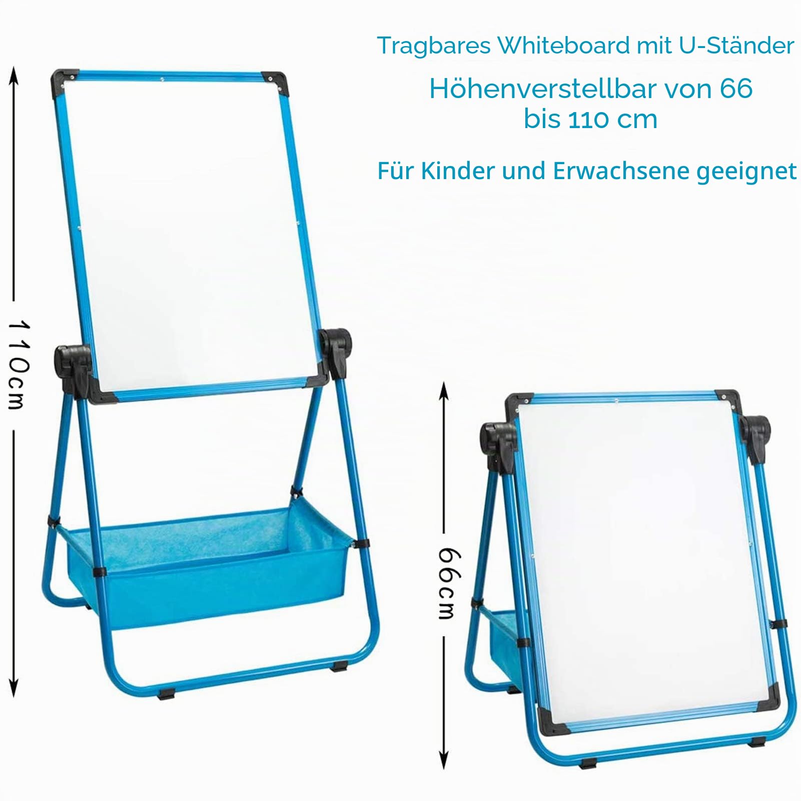 DOEWORKS Kinder Staffelei Magnetische Whiteboard U-Ständer, Doppelseitiges Whiteboard & Kreidetafel Schreibbrett mit Zubehör, Kinder Tafel Höhenverstellbar & 360°Rotation, Blau