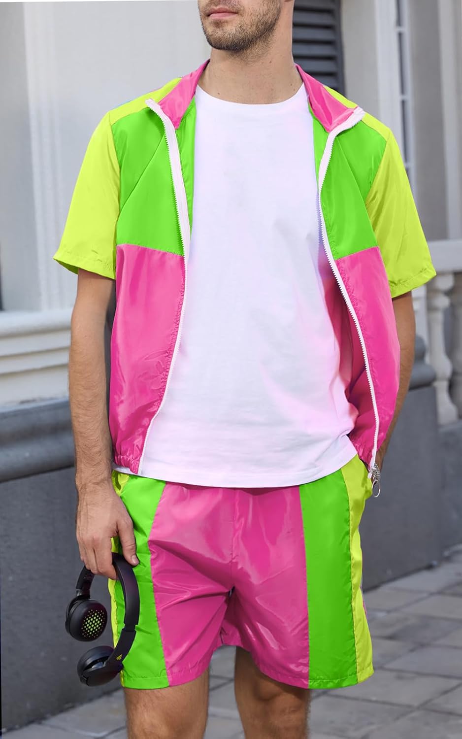 Yisfri Men's 80s 90s Outfit Vintage Windbreaker Jacket Track Suit Disco Outfits Workout Set