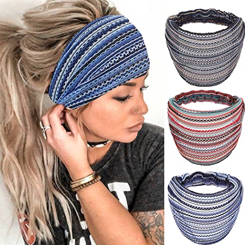 Gortin Boho Headbands Blue Stretch Lace Hair Bands Extra Wide Turban Headband Knotted Head Wraps Stripe Head Band Workout Sweatbands for Women and Girls Pack of 3