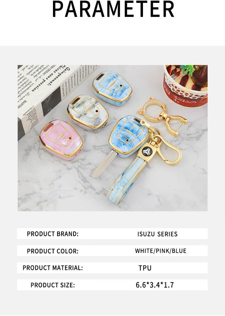 Key Fob Cover for Isuzu DMAX MUX Truck Accessories Smart Remote Auto Key Case Protector with Marble Texture Fashion for Isuzu 2 Button Key Cover-A Keychain Gray