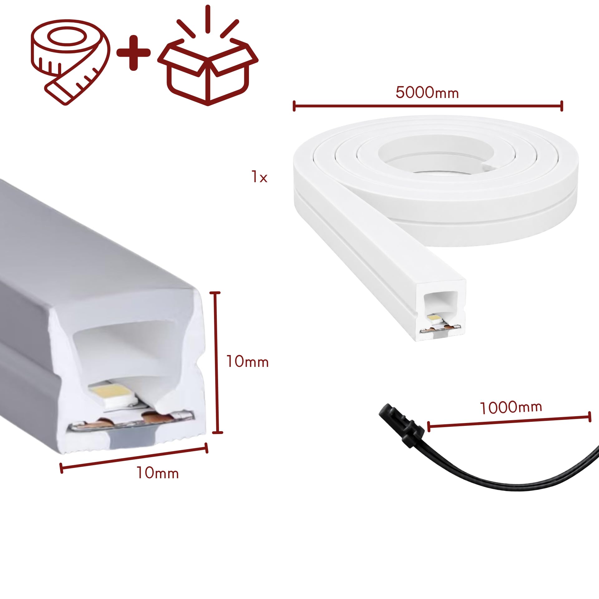 Liść | LumaFlex 1010 LED profil silikonowy Freecut taśma świetlna 5 m, ciepła biel 3000 K, 12 V DC, 696 lm/m, 10 x 10 mm, możliwość ściemniania, IP65, cielę do oświetlenia mebli