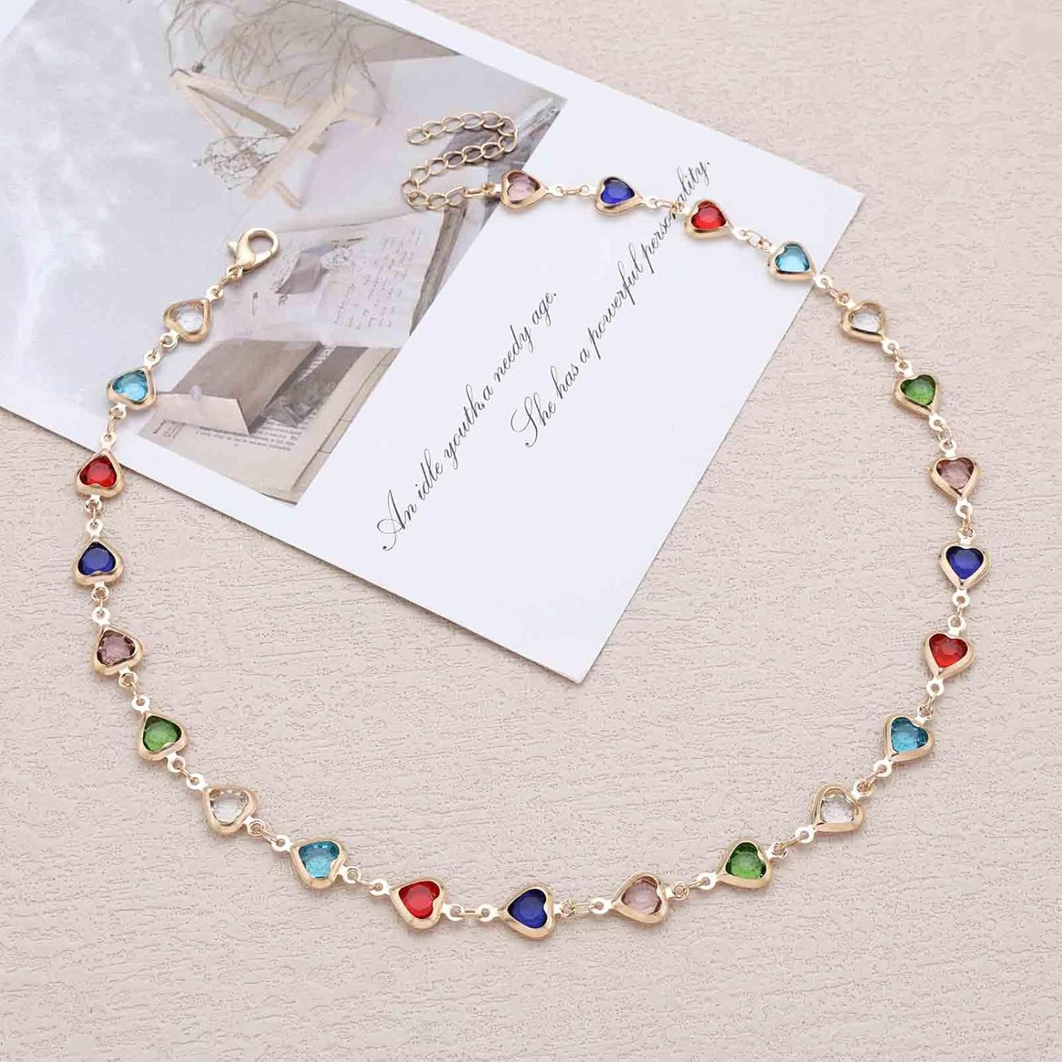 Boho Rainbow Gemstone Heart Necklace Colorful Crystal Choker Necklaces Multi Heart Bead Necklace Multicolor Cz Necklaces Gold Sparkle Rhinestone Pendant Party Prom Jewelry for Women - Image 4