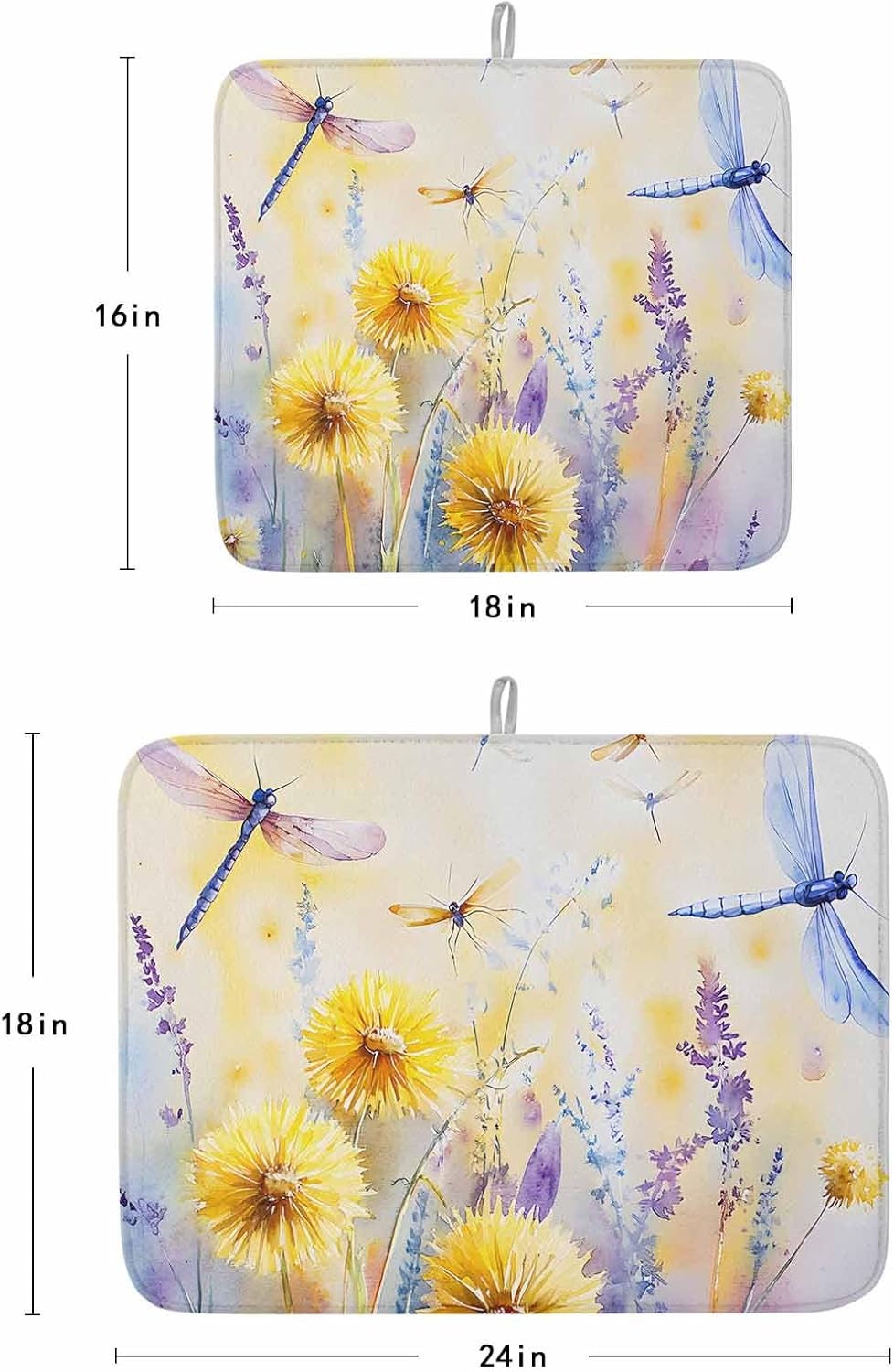 Dish Drying Mat Set of 2 Spring Flower Dragonfly Microfiber Absorbent Reusable Washable Dish Drying Rack Mat Yellow Purple Coffee Mat for Coffee Maker Bar Kitchen Countertops 18x24inch
