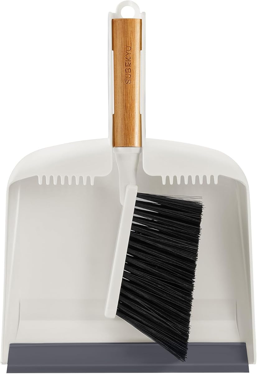 SUBEKYU Dustpan and Brush Set with Bamboo Handle, Hand Mini Broom and Dustpan Set, Small Broom and Dustpan Set for Kitchen/Desktops/Bedroom, White, 1 Set