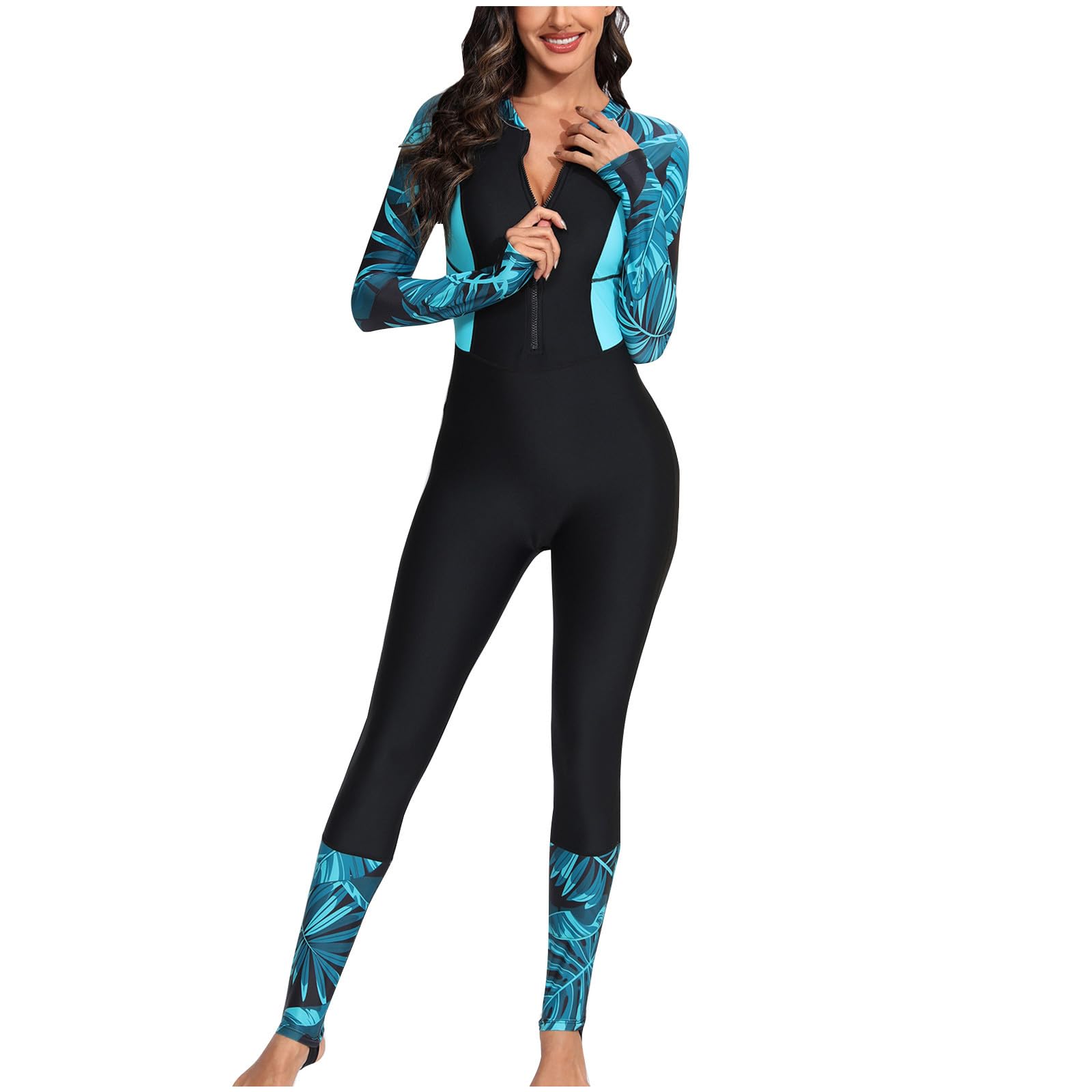 Swimming Suit for Women Long Legs Athletic One Piece Swimsuit Long Sleeve Swmming Costume with Front Zip Bathing Suit Padded Swimwear Body Shaping Beachwear Tummy Control Wetsuit