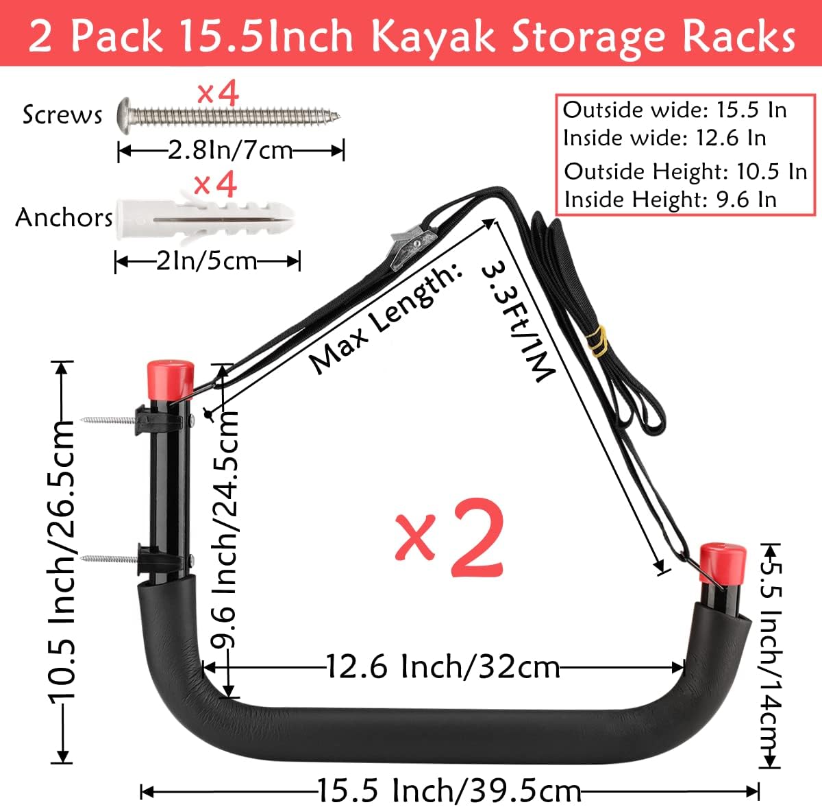 Heavy Duty Garage Storage Hooks, Wall Mount Kayak Storage Racks, Naikozmo Hangers Black + Red