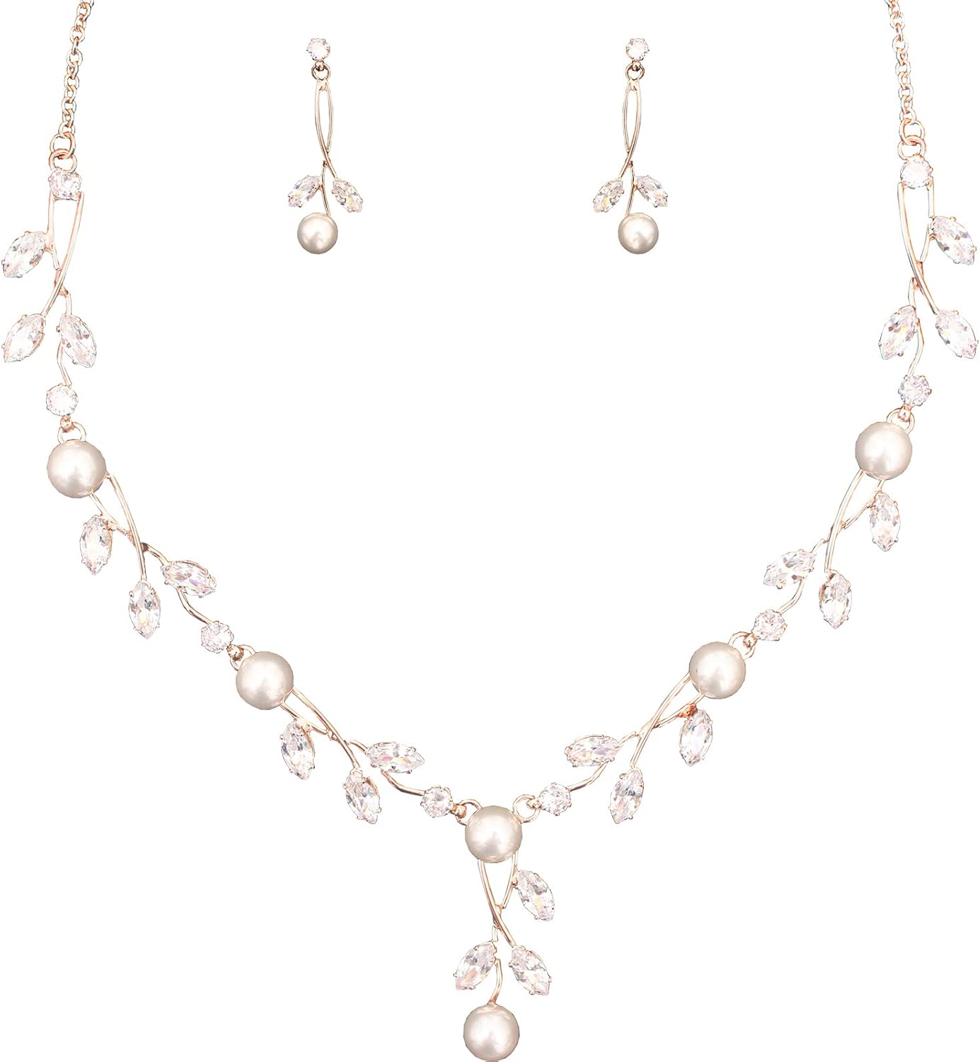 Luxury Cubic Zirconia Aurtrian Crystal Pearl Floral Necklace Dangle Earrings Wedding Bridal Jewelry Set Birthday Gifts for Her