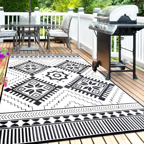 Outdoor Rug Mat for Patio, 9x12ft Waterproof Reversible Plastic Straw Rugs, Camping Carpet Area Mats for RV, Porch, Deck, Backyard, Balcony, Camper, T