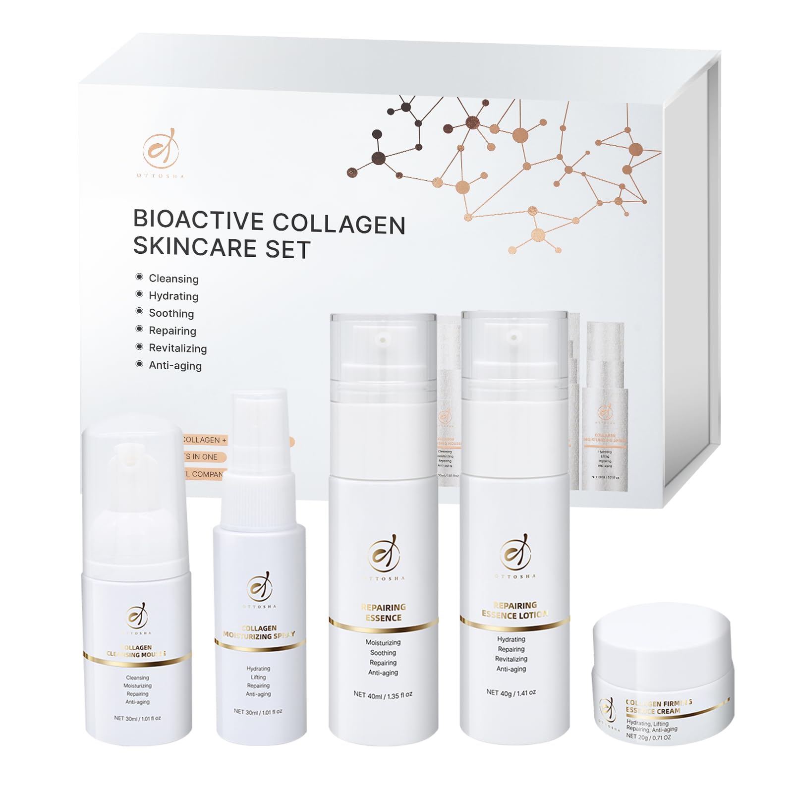 Bioactive Collagen Skin Care Set,Mini Travel Size Gift Set ,All In One (5 Piece Kit) For Women & Men,Cleaning,Hydrating,Soothing,Repairing,Revitalizing,Anti-aging