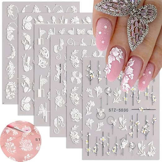 5D Embossed Nail Art Stickers, 6 Sheets Engraved Flowers Nail Decals