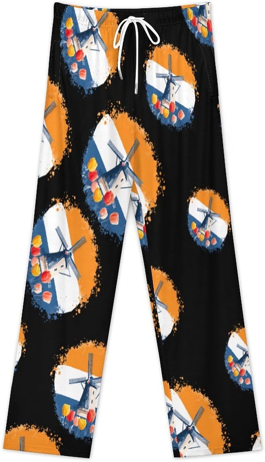 Netherlands Tulip Flowers Windmills Lounge Pajama Pants for Men Print Loungewear Bottoms Sleepwear Pj Sleep Pant 5X-Large