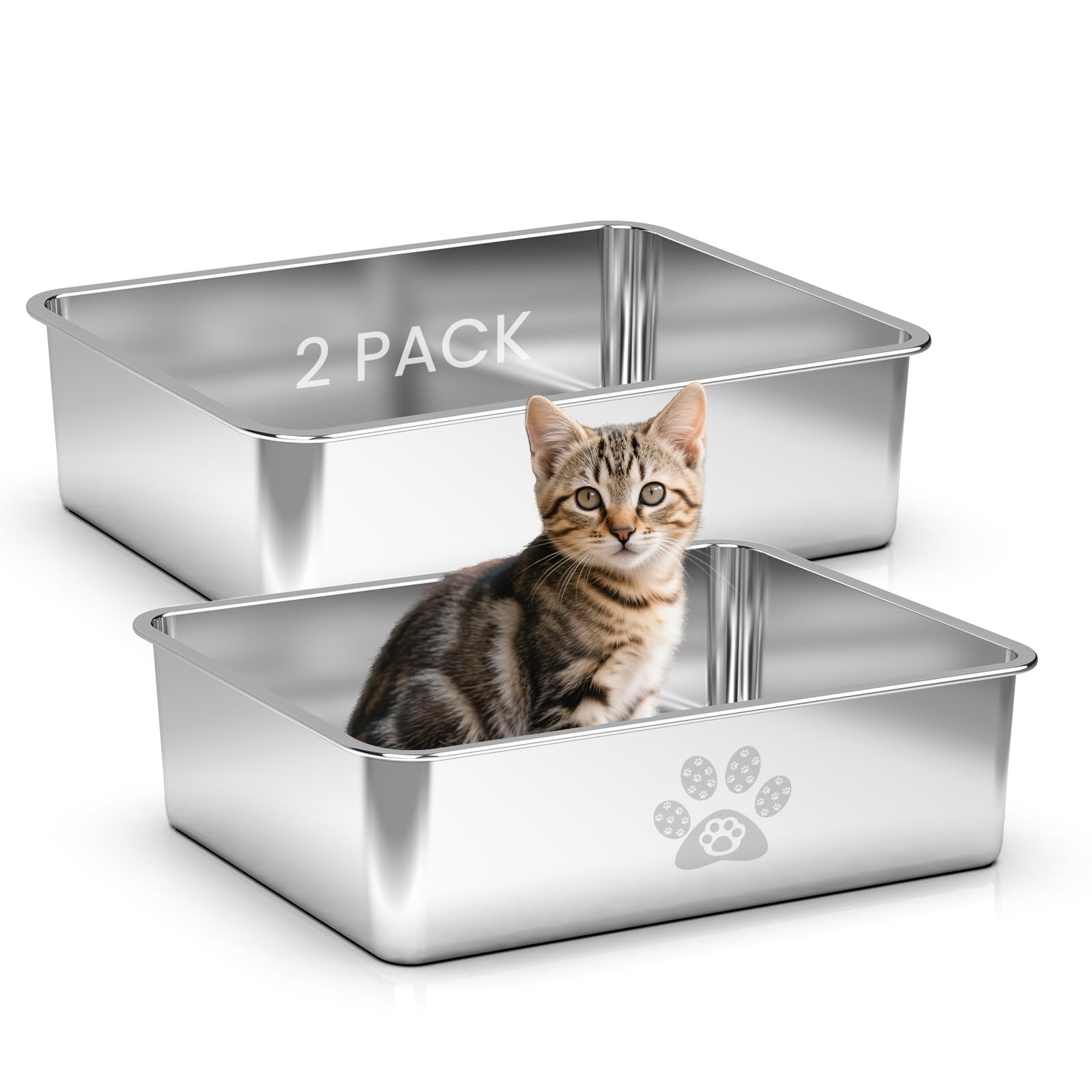 PTLOM Edelstahl Katzenklo, Große Katzentoilette aus Metall, Spritzwassergeschützt, Geruchsfrei und Antihaftbeschichtet, Katzenklo XXL, Geeignet Für Große und Kleine Katzen, Kaninchen