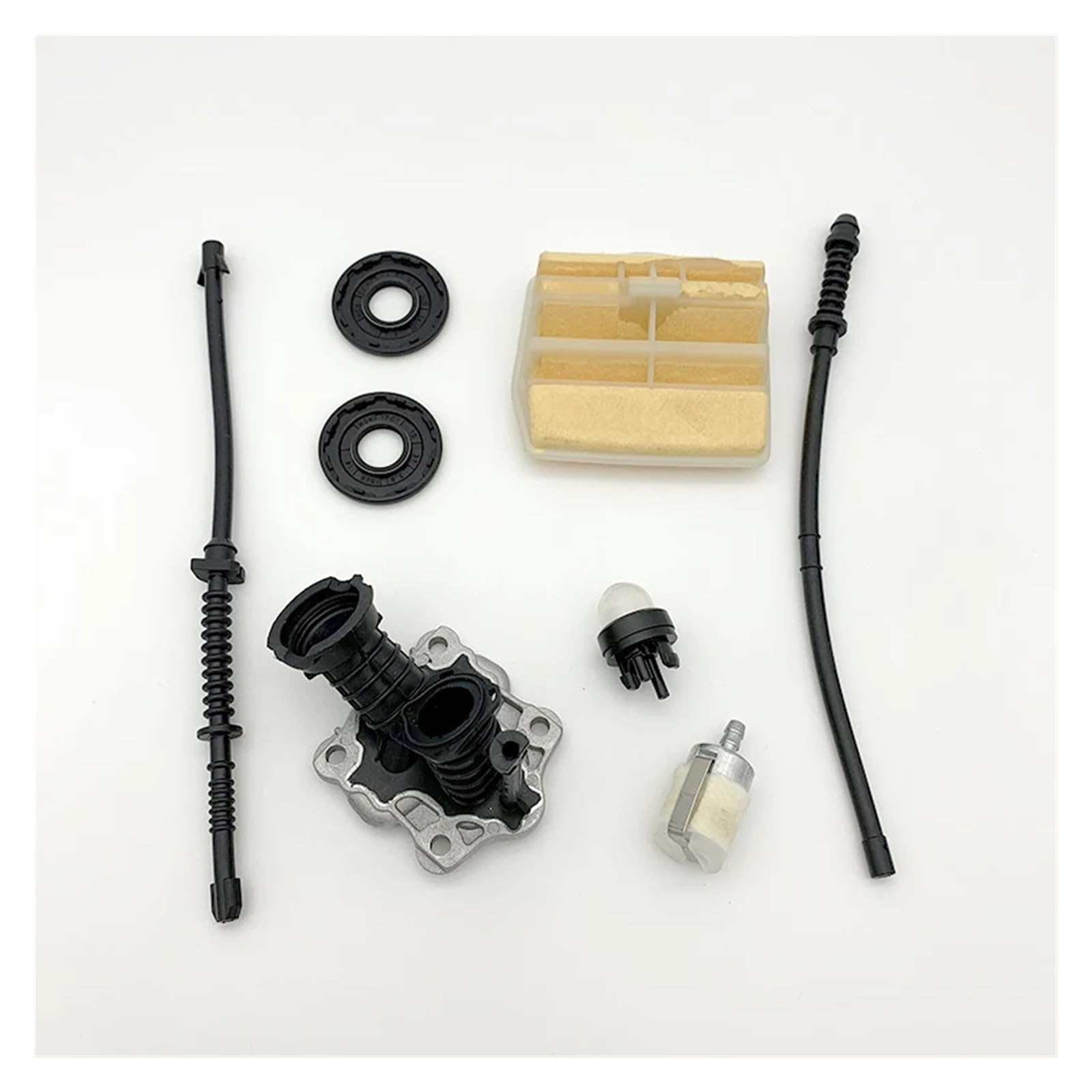 Compatible con motosierra de gasolina HUSQVARNA 450, 445 E, 450E y 445E. Piezas 544082301: filtro de aire, colector de admisión, línea de retorno de combustible y gas, manguera y filtro.