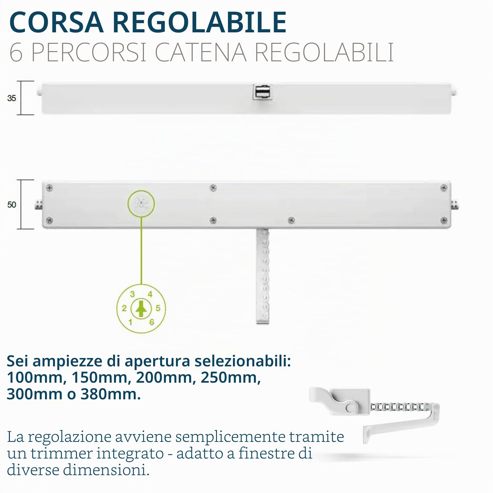 Motore elettrico a catena, STAR 25 230 V, comunello Mowin, trasmissione per finestra con trasmissione a catena, corsa regolabile, forza di spinta/trazione 250 N, finestra ribaltabile (bianco)