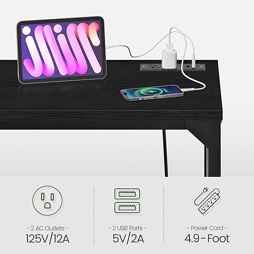 Miniatura 6 de Mesa de bar de 70.9 pulgadas, mesa de comedor de cocina con toma de corriente y reposapiés, estilo industrial, para pub, sala de estar, negro