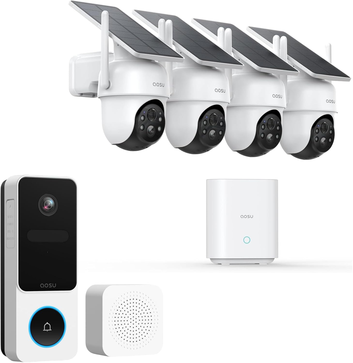aosu Security Cameras Outdoor Wireless, 4 Cam-Kit, No Subscription Doorbell Camera Wireless - Head-to-Toe View, Intelligent Parcel Detection