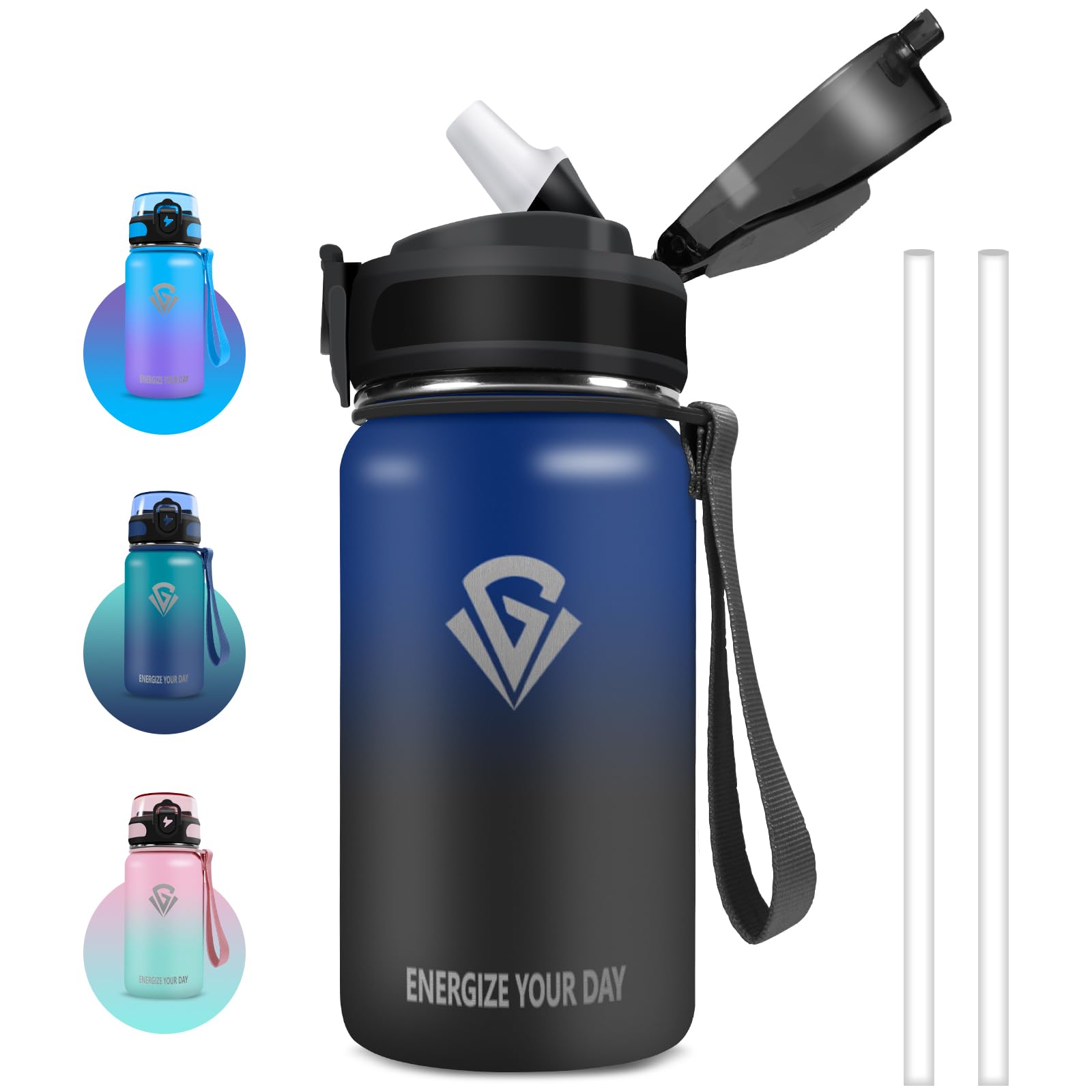 Grsta Trinkflasche, 500ml Trinkflasche Kinder, Trinkflasche Edelstahl mit Strohhalm, Trinkflasche für Kohlensäurehaltige Getränke, Leicht zu Reinigen, Wasserflasche für Schule, Büro, Cafe, Sport