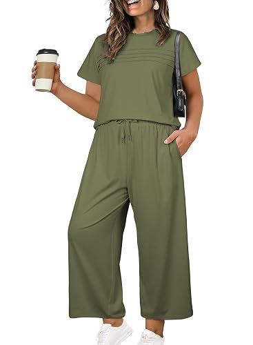 Eytino Plus Size Two Piece Sets for Women Casual Summer Outfits Short Sleeve Tops Wide Leg Pants Lounge Sweatsuits(1X-5X) - 5X - Jungle Green