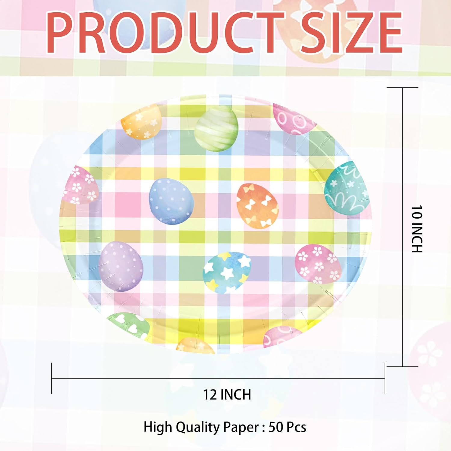 50Pcs Easter Eggs Oval Paper Plates 10" x 12"Heavy Duty Large Color Easter Buffalo Plaid Checkered Paper Platters Spring Rainbow Gingham Dessert Plates for Holiday Birthday Dinner Party Supplies - Image 4