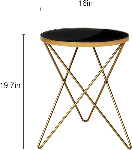 Miniatura 3 de HLR Juego de 2 mesas auxiliares redondas modernas, mesa auxiliar con parte superior de efecto mármol y marco de metal dorado, mesa auxiliar pequeña