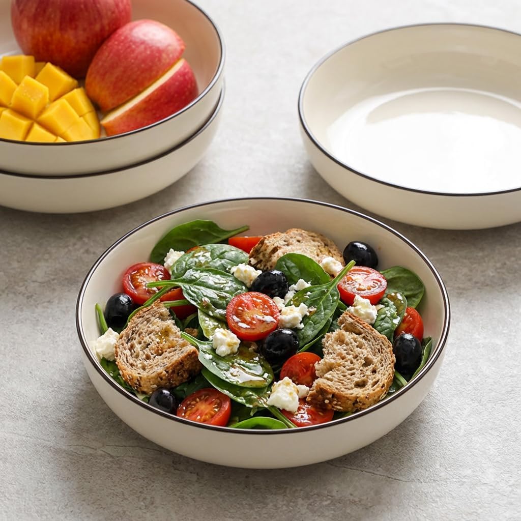 Pasta Bowls Set of 6, 24.5oz Ceramic Salad Bowls, 7.5 inch Shallow Soup Plates for Spaghetti, Dessert and Fruit, Glossy Glazed Serving Dishes with Hand-Painted Rim, Microwave Dishwasher Safe