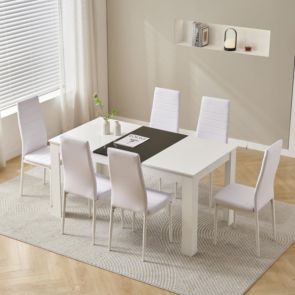 Rainbow Tree 150cm Large Dining Table Set of 6, Modern Dining Table with 6 White Leather Dining Chairs for Dining Room, Kitchen Set for Family Wooden