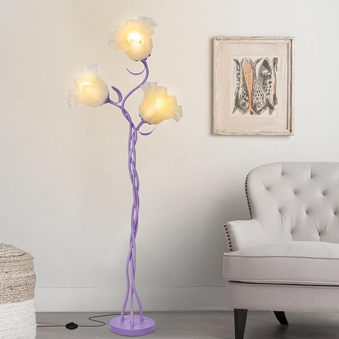 Fuzzbopn Flower Floor Lamp for Living Room, Tall Cute Reading Lamp with Flexible Neck Shaft for Bedroom Decor, Modern Corner Floor Lamps with 3-Color Temperatures LED Bulb (Purple)