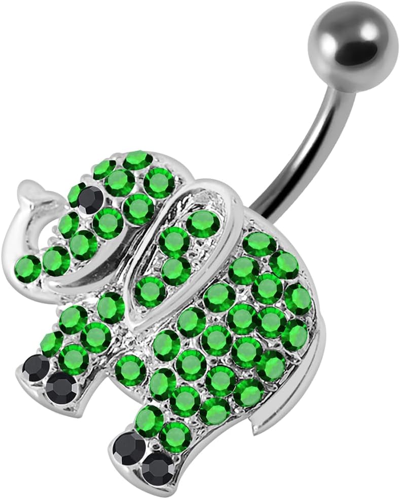 Multi Crystal Gemstones Lovely Elephant Design 925 Sterling Silver with Stainless Steel Belly Ring - Belly Button jewelry - Navel jewelry