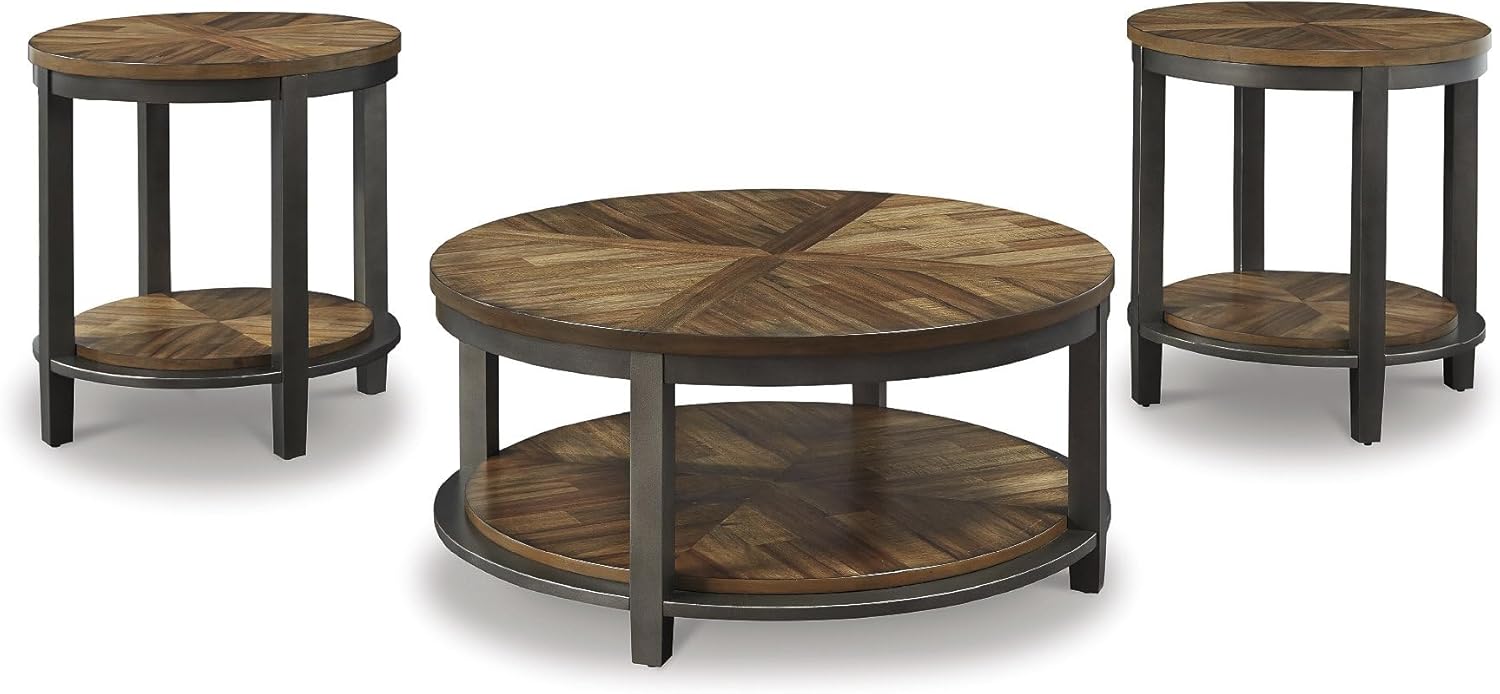 Signature Design by Ashley Roybeck Rustic Round 3-Piece Table Set, Includes 1 Coffee Table and 2 End Tables with Fixed Shelf, Light Brown Farmhouse