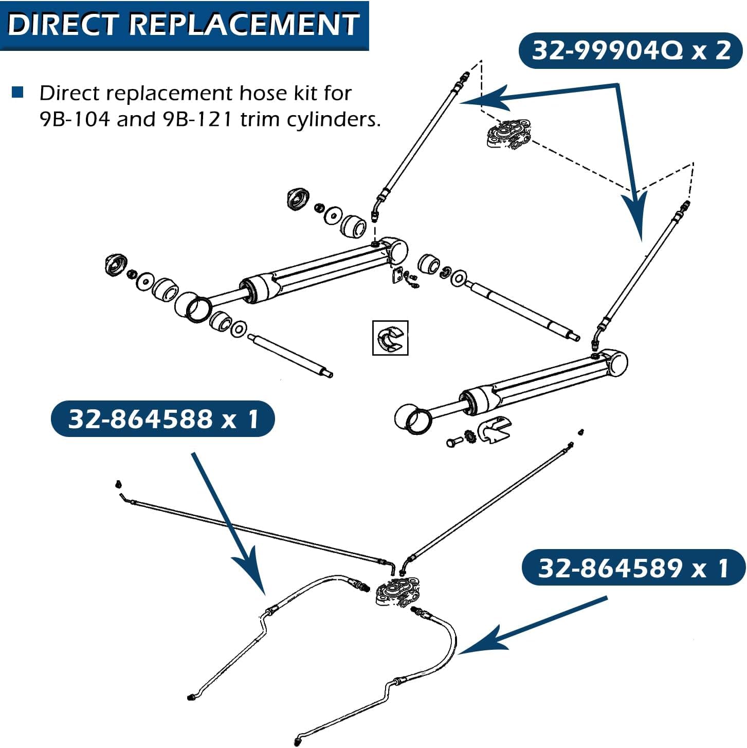 Kit de tuyau hydraulique de rechange d'origine pour système d'inclinaison/coupe Mercruiser Alpha One & Bravo – Avec 4 tuyaux – Convient pour 32-864589, 32-864588