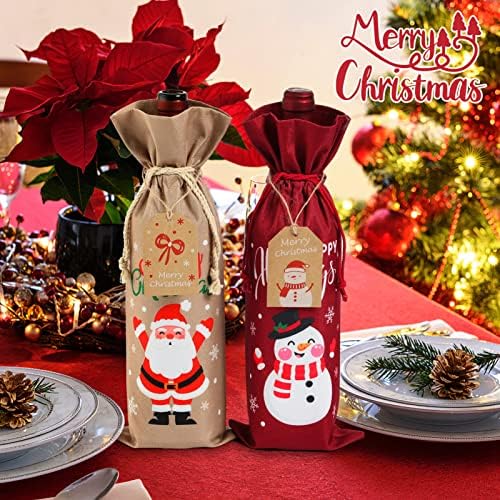 Luxshiny 10pcs Wine Bottle Bags, Christmas Burlap Wine Bags, Wine Bottle Cover with 12pcs Tags and Drawstrings for Christmas Party Housewarming Tastings
