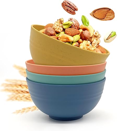 Miniatura 8 de Juego de 4 cuencos de ensalada de 26 onzas, cuencos pequeños de paja de trigo para cocina, tazones de sopa, tazón de cereal para desayuno,