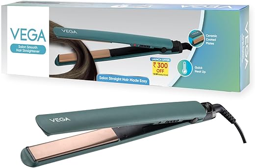 Vega Salon Smooth Hair Straightener for Women with Ceramic Coated Plates, Quick Heatup & Travel Friendly, Green (VHSH-42)