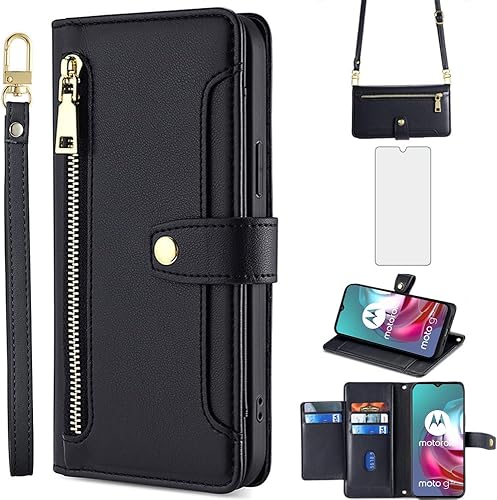 Asuwish Funda de teléfono para Moto G30G20G1010 Power 2021 Funda tipo cartera y protector de pantalla con cremallera para tarjetero con ranura para
