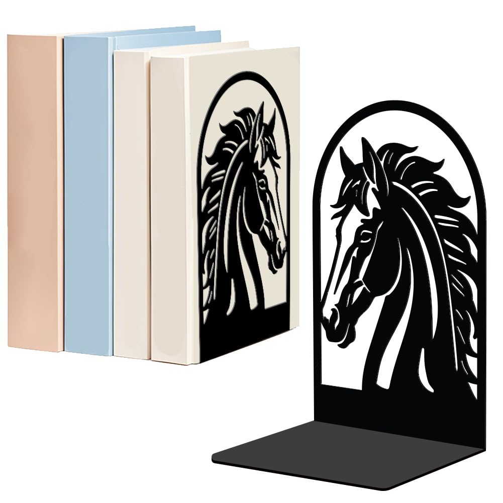 WADORN 1 Pair Horse Metal Decorative Bookends, Vintage Horse Head Heavy Duty Book Stand Black Non-Skid Book Holder Stopper for Home Office School Library Desk Bookshelf Study Room Western Decor