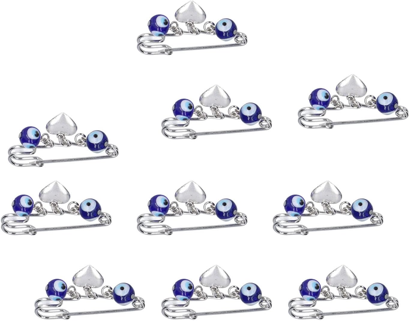 10 Pack Safety Pin Brooches with Blue Eye Heart Pendant, 10mm Decorative Pins for Clothes, Accessories, and Gift Giving