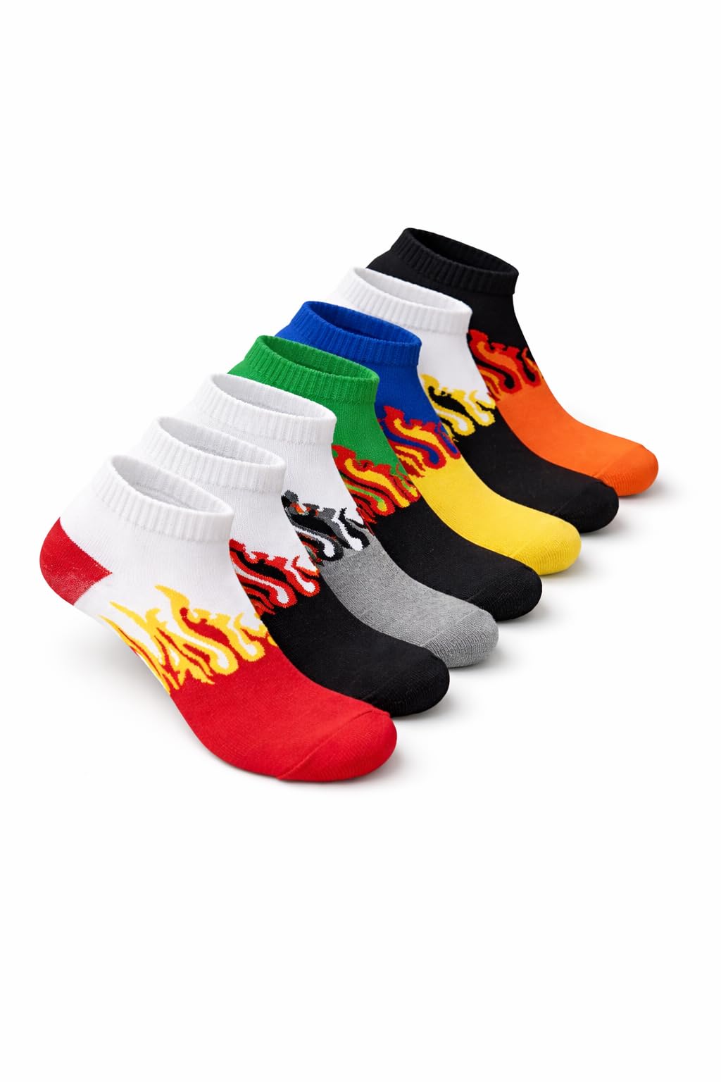 Flame Design Ankle Length Socks, Multicolor Cotton Blend, Athletic Crew Style, 7 Pairs