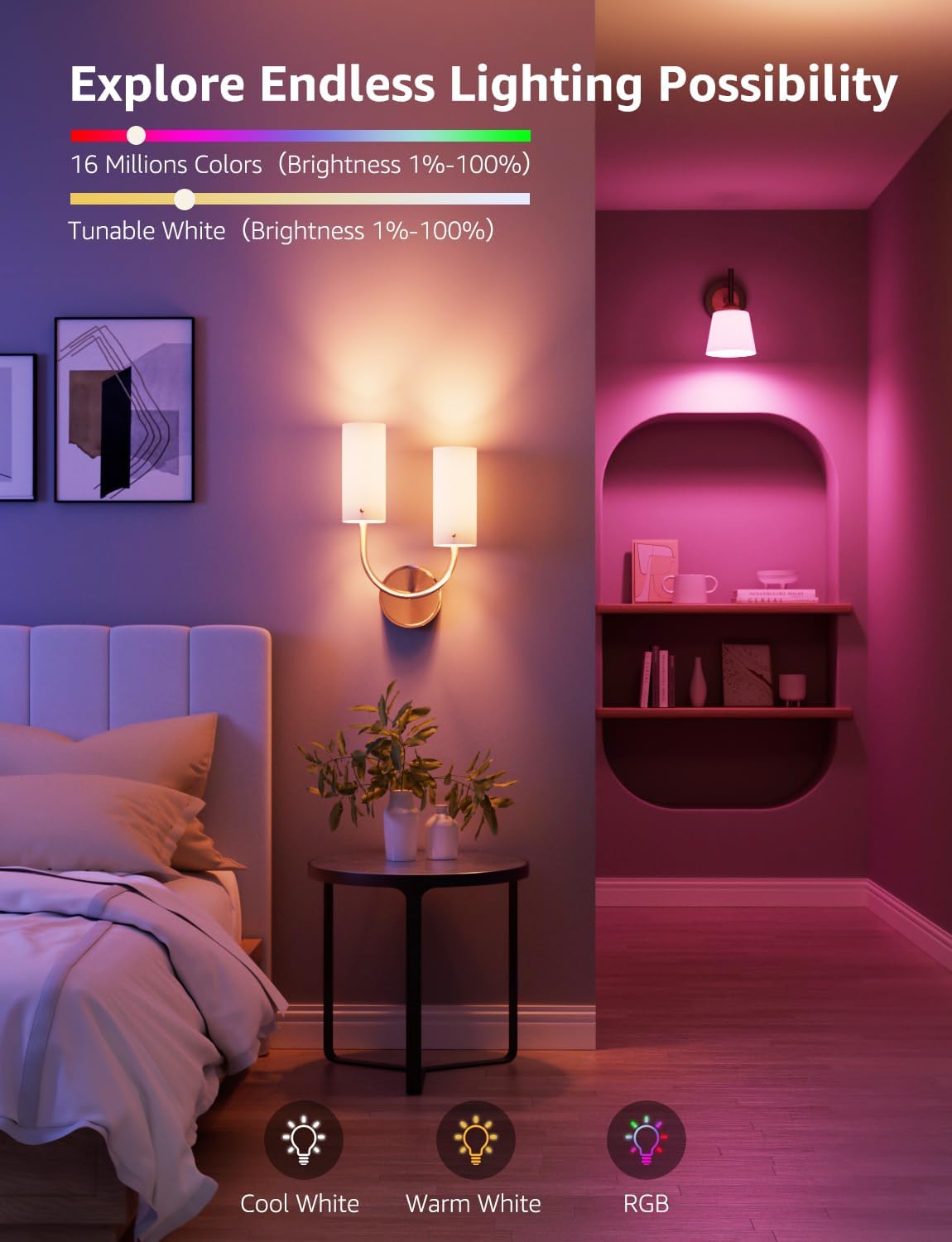 Couple playing guitar and laughing in a room with smart lights synchronized to music, showing the Lepro app interface with music sync controls.