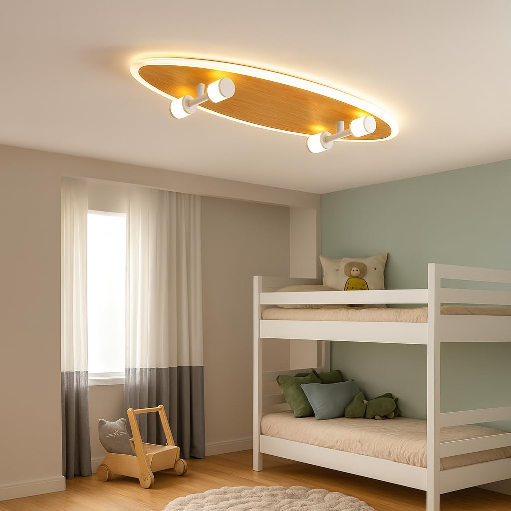 LED Deckenlampe Kinderzimmer Skateboard-Design aus Holz – Dimmbar Deckenleuchte mit Fernbedienung, 24 W, 2800lm, 3000–6500 K, Jungen Mädchen Kinderzimmerlampe