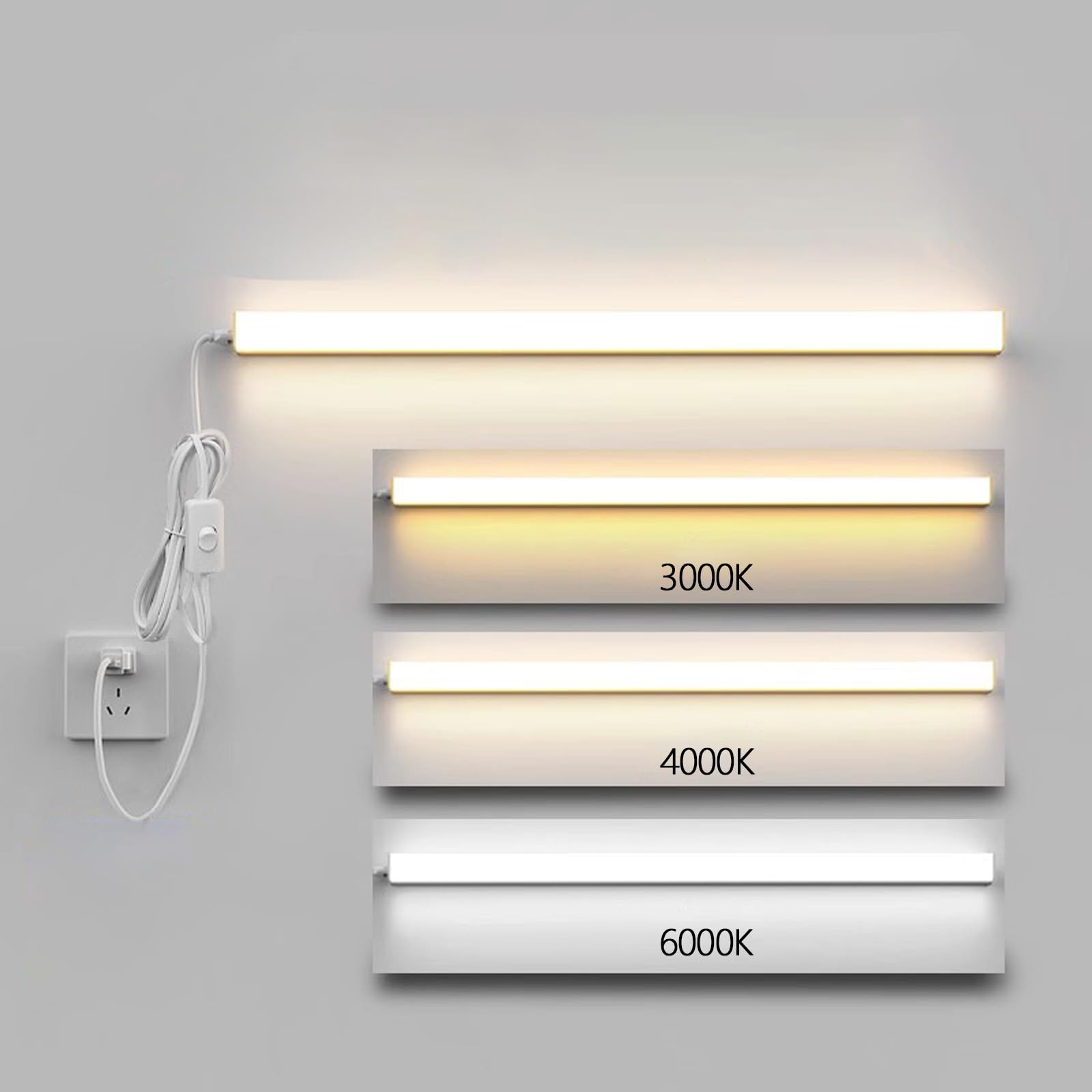 Biała lampa ścienna LED, długa, z przełącznikiem magnetycznym, ściemniana 3000K/4000K/6000K, nowoczesny minimalistyczny prostokątny design do wnętrz, idealna do wnętrz