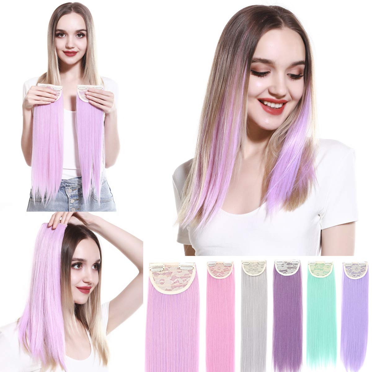 SARLA Purple Colored Clip in Hair Extensions 14 Inches Short 2Pcs Straight Synthetic Colorful Hair Pieces for Women Girls H13-14&Purple