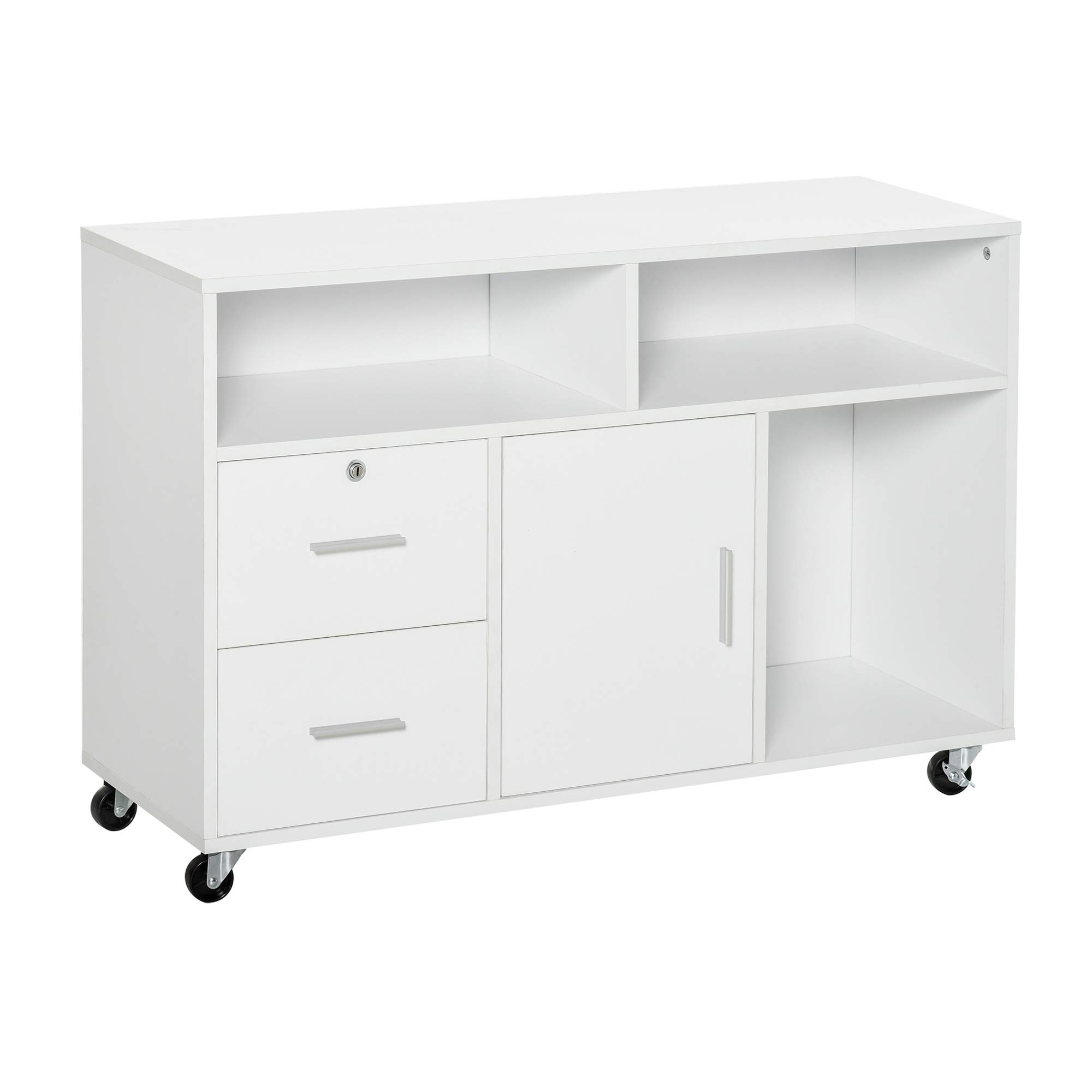 HOMCOM Printer Stand Home Office Mobile Storage Cabinet Organizer Desktop with Caster Wheels, 2 Locking Breaks and Drawer, White