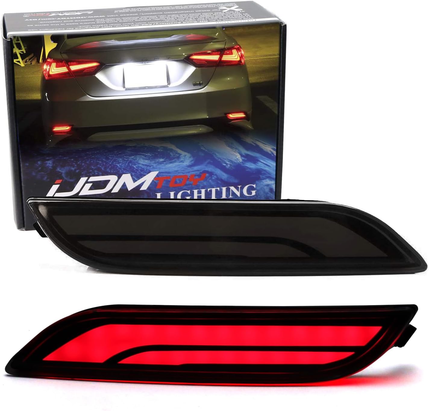 iJDMTOY Dark Smoked Lens Full LED Bumper Reflector Lights Compatible With 2018-up Toyota Camry, Function as Tail, Brake & Rear Fog Lamps