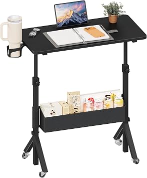 ErGear Mobile Standing Desk with Wheels, Adjustable Height 28.3 to 46.1, Rolling Laptop Cart with Cup Holder, Storage Basket, Computer & Pen Slot, Home Office Stand Up Desk, Black 31.5 x 15.75