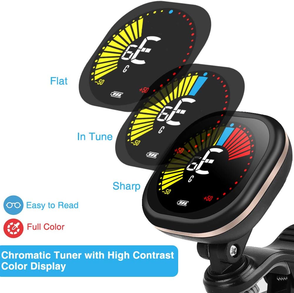 Guitar Tuner Rechargeable Clip On LED Color Display Tuner for All Instruments - Guitar, Violin, Ukulele & Chromatic Tuning Modes, Fast & Accurate, Easy to Read, Professional and Beginner : Musical Instruments