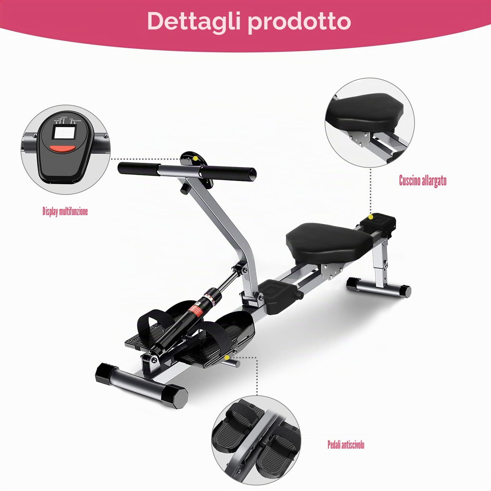 Vogatore Pieghevole, Macchina da Remo a resistenza magnetica con 12 livelli di resistenza, Monitor LCD, Fino a 120 kg di peso utente