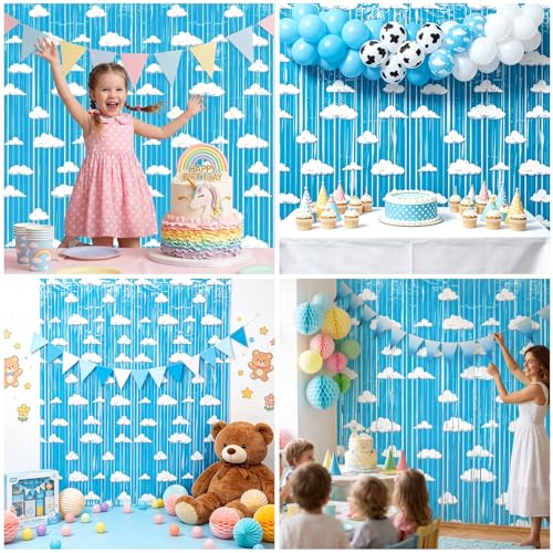 Image of 4 Packs Blue Sky Foil Fringe Curtain, White Clouds Metallic Tinsel Backdrop for Kids Toy Birthday Baby Shower Cartoon Story Party Decorations Supplies