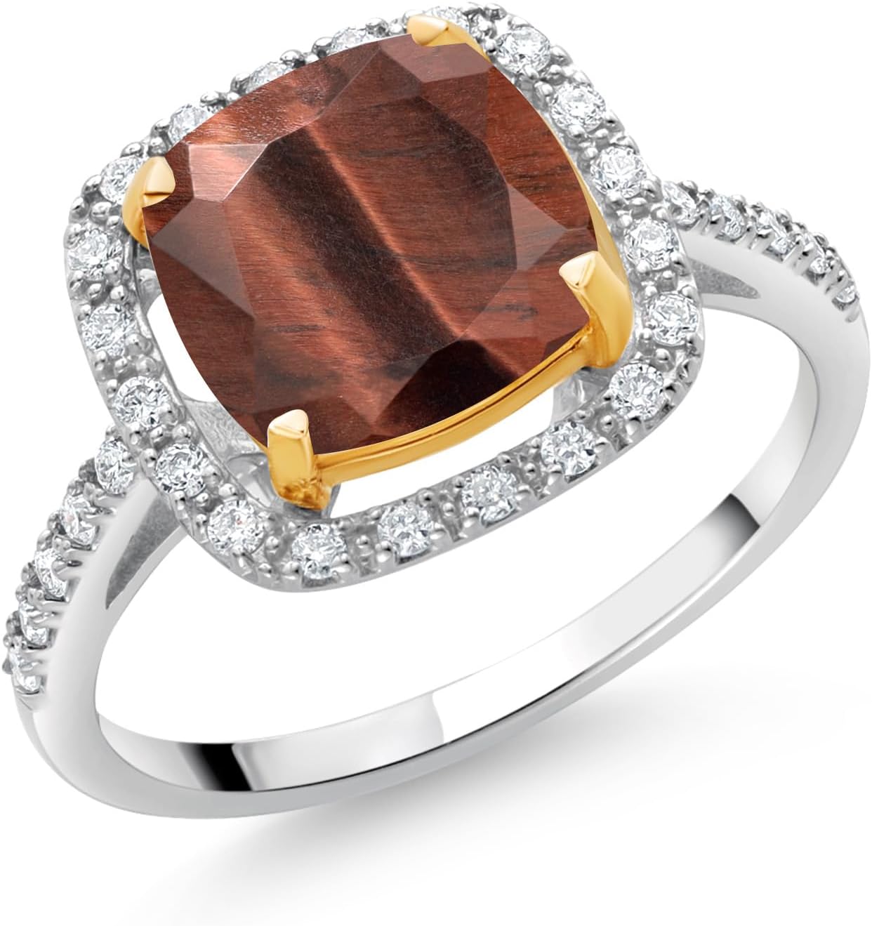 Gem Stone King 925 Sterling Silver and 10K Yellow Gold Red Tiger Eye and Lab Grown Diamond Halo Engagement Ring for Women | 2.21 Cttw | Cushion 8MM | Wedding Anniversary Ring For Women